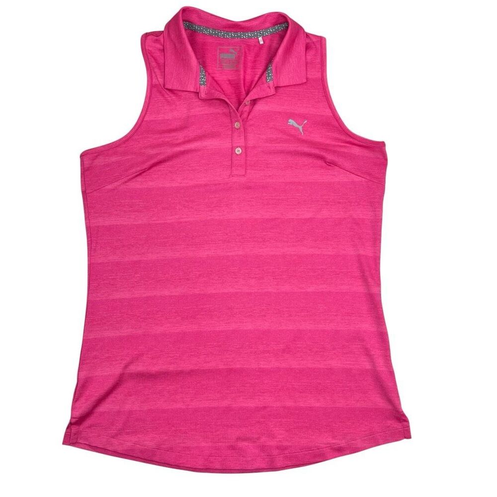 Puma Womens Striped Collared Racerback Sleeveless Polo Athletic Top Pink Large